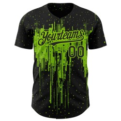 Maglia da baseball autentica con motivo a schizzi in 3D, design personalizzato, nero, verde e neon, gocciolante Maglia da baseball autentica con motivo a schizzi in 3D, design personalizzato, nero, verde e neon, gocciolante