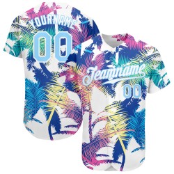 Maglia da baseball Hawaii bianca personalizzata, blu, autentica, con motivo leggero 3D e palme