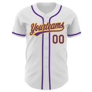Maglia da baseball personalizzata bianca viola-oro autentica Maglia da baseball personalizzata bianca viola-oro autentica