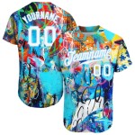 Maglia da baseball personalizzata autentica con graffiti astratti, bianca e blu chiaro, 3D Maglia da baseball personalizzata autentica con graffiti astratti, bianca e blu chiaro, 3D