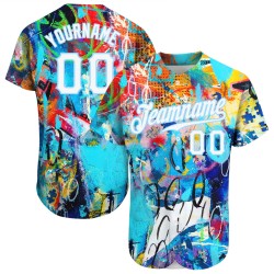 Maglia da baseball personalizzata autentica con graffiti astratti, bianca e blu chiaro, 3D