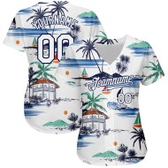 Maglia autentica personalizzata in 3D con motivo a barca a vela bianca da baseball e alberi delle isole Hawaii, design Palm