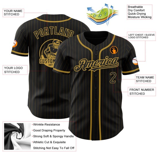 Maglia da baseball a righe dorate, nera antica, autentica, personalizzata, oro antico Maglia da baseball a righe dorate, nera antica, autentica, personalizzata, oro antico