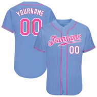 Maglia da baseball autentica blu a righe rosa chiaro personalizzata rosa-bianca