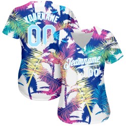 Maglia da baseball Hawaii bianca personalizzata, blu, autentica, con motivo leggero 3D e palme Maglia da baseball Hawaii bianca personalizzata, blu, autentica, con motivo leggero 3D e palme