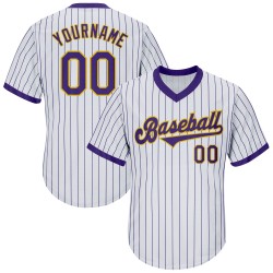 Maglia autentica personalizzata da baseball retrò bianca a righe viola-oro a coste viola