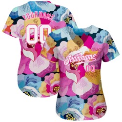 Maglia da baseball bianca e rosa con fiori 3D, motivo rosa autentico personalizzato Maglia da baseball bianca e rosa con fiori 3D, motivo rosa autentico personalizzato