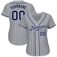 Maglia da baseball autentica personalizzata a righe grigie e bianche blu navy Maglia da baseball autentica personalizzata a righe grigie e bianche blu navy
