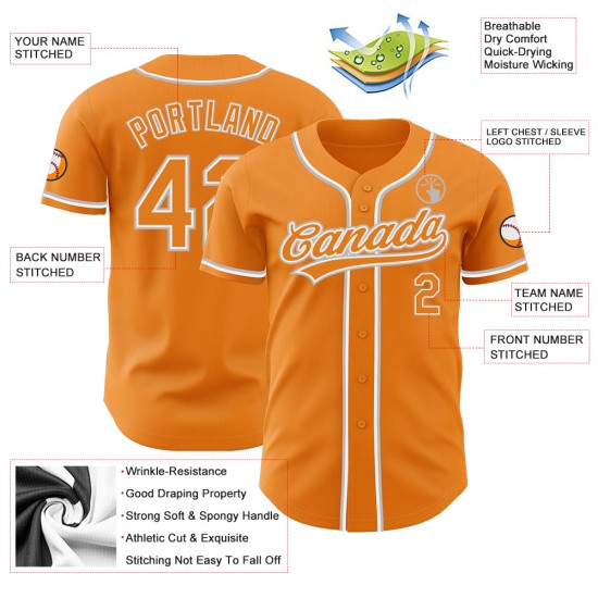 Maglia da baseball autentica arancione personalizzata bianco-grigio Bay Maglia da baseball autentica arancione personalizzata bianco-grigio Bay