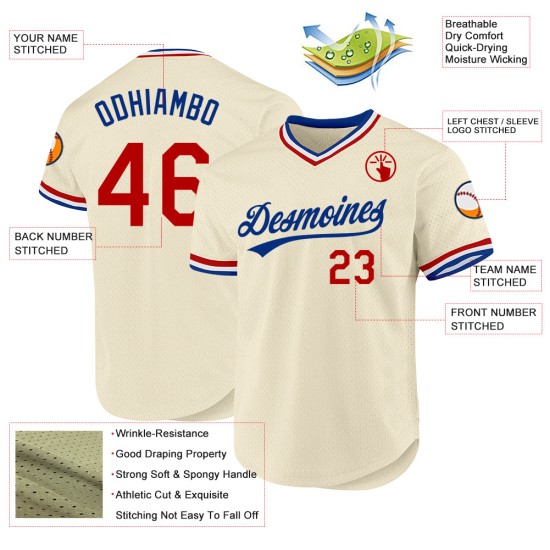 Maglia da baseball autentica personalizzata color crema, stile retrò, colore rosso, bianco e blu Maglia da baseball autentica personalizzata color crema, stile retrò, colore rosso, bianco e blu