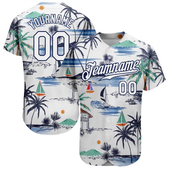 Maglia autentica personalizzata in 3D con motivo a barca a vela bianca da baseball e alberi delle isole Hawaii, design Palm Maglia autentica personalizzata in 3D con motivo a barca a vela bianca da baseball e alberi delle isole Hawaii, design Palm