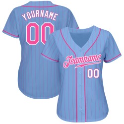 Maglia da baseball autentica blu a righe rosa chiaro personalizzata rosa-bianca