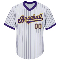 Maglia autentica personalizzata da baseball retrò bianca a righe viola-oro a coste viola Maglia autentica personalizzata da baseball retrò bianca a righe viola-oro a coste viola